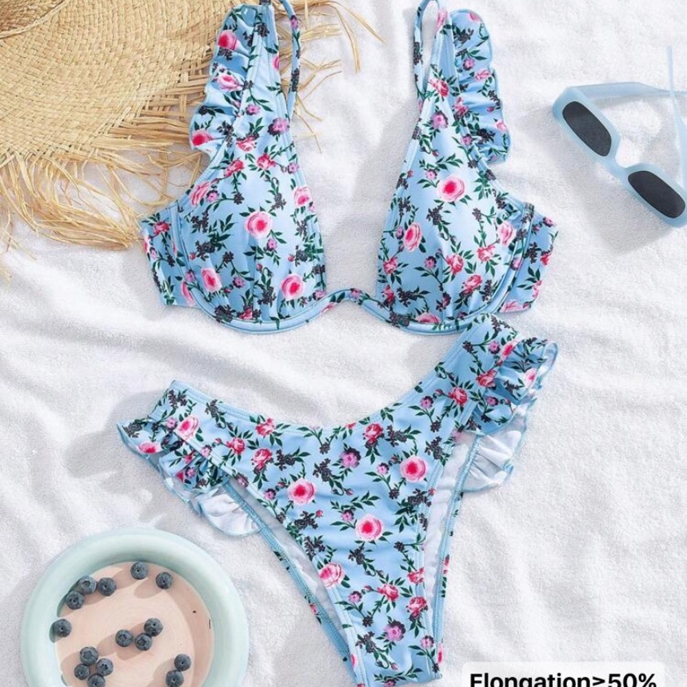 NWT Floral Blue & Pink Ruffle Bikini Set